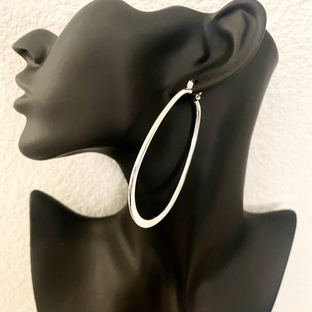 925 Sterling Silver Hoop Earrings Large Oval Silver Hoops Statement Earrings - Picture 2 of 3